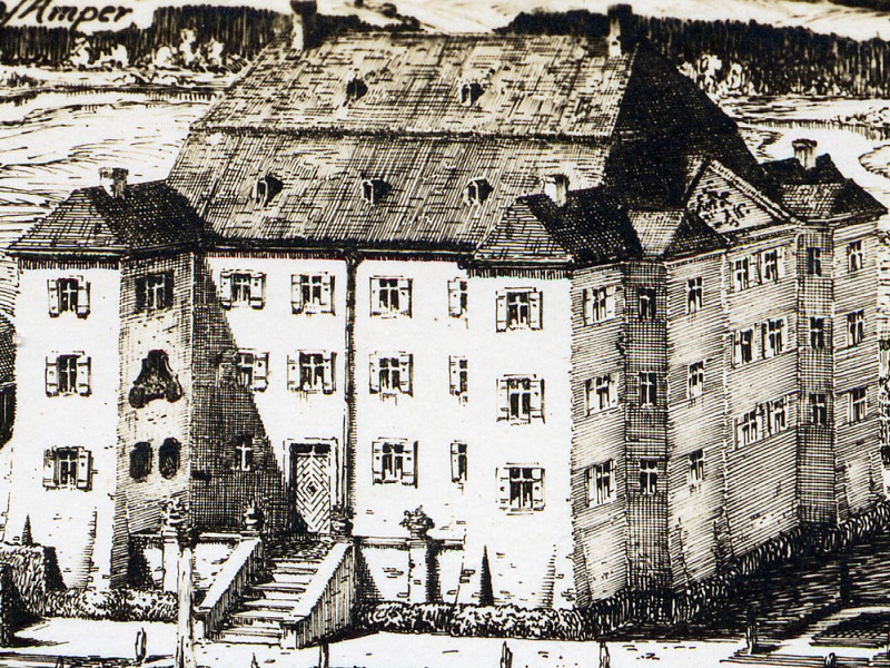 Stich des Schlosses um 1920, es zeigt den Zustand um 1800